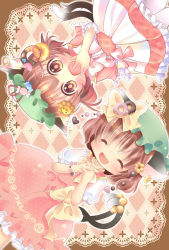 Rule 34 | 1girl, alternate costume, animal ears, bow, bracelet, brown background, brown hair, cameo, cat ears, cat girl, cat tail, checkered background, chen, closed eyes, covering own mouth, doughnut, dress, dual persona, earrings, fang, female focus, food, hair ornament, hat, hat ribbon, heart, jewelry, mister donut, multiple tails, open mouth, own hands clasped, own hands together, pantyhose, pon de lion, ribbon, short hair, short sleeves, single earring, tail, takamoto akisa, touhou