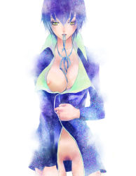Rule 34 | 1girl, atlus, blue hair, bottomless, breasts, colored pubic hair, eyelashes, eyeshadow, female pubic hair, jacket, large breasts, lips, makeup, mouth hold, nipples, persona, persona 4, pubic hair, ribbon, ribbon in mouth, shadow (persona), shadow naoto, shirogane naoto, short hair, solo, undressing, very short hair, yellow eyes, yukino (0722)