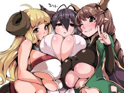 Rule 34 | 10s, 3girls, ;), ahoge, anila (granblue fantasy), antenna hair, asymmetrical docking, bare shoulders, blush, breast hold, breast press, breasts, carmelina (granblue fantasy), cleavage, covered erect nipples, danua, demon horns, draph, granblue fantasy, grin, hair ornament, heavy breathing, highres, horns, huge breasts, large breasts, long hair, looking at viewer, multiple girls, navel, nose blush, one eye closed, oohira sansetto, oohira sunset, sheep horns, sleeveless, smile, underboob, upper body, v