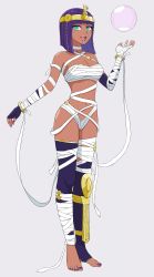 Rule 34 | 1girl, 8686cure, absurdres, alternate costume, asymmetrical clothes, bandages, bare shoulders, blunt bangs, bob cut, breasts, circlet, collarbone, commentary, crystal ball, dark-skinned female, dark skin, egyptian, egyptian clothes, elbow gloves, eyeshadow, feet, fingerless gloves, full body, gloves, green eyes, grey background, happy, highres, jewelry, legs, looking at viewer, makeup, medium breasts, menat, mummy costume, nail polish, naked bandage, navel, official alternate costume, open mouth, purple hair, purple nails, purple thighhighs, revealing clothes, short hair, solo, standing, street fighter, street fighter v, thighhighs, toeless legwear, toenail polish, toenails, toes, wide hips