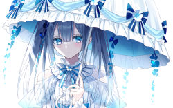 Rule 34 | 1girl, black hair, blue bow, blue eyes, blue nails, blue ribbon, blush, bow, center frills, closed mouth, earrings, expressionless, fishnets, frills, holding, jewelry, kazunehaka, lolita fashion, long hair, long sleeves, looking at viewer, nail polish, neck ribbon, original, parasol, ribbon, ring, simple background, solo, stud earrings, twintails, umbrella, upper body, white background