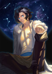 Rule 34 | 1boy, black hair, blue eyes, boots, brown footwear, clenched hand, constellation, dark background, frown, fur trim, jacket, looking at viewer, male focus, multicolored hair, shadow, shirt, sitting, solo, star (sky), tenrou: sirius the jaeger, tianlingdoudou, two-tone hair, white hair, white shirt, yuily (sirius)