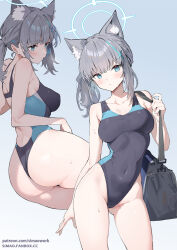 Rule 34 | 1girl, animal ear fluff, animal ears, ass, bag, bare shoulders, blue archive, blue eyes, blue one-piece swimsuit, blush, breasts, collarbone, covered navel, cross hair ornament, duffel bag, extra ears, grey hair, hair ornament, halo, highleg, highleg swimsuit, highres, looking at viewer, medium breasts, medium hair, multicolored clothes, multicolored swimsuit, multiple views, one-piece swimsuit, shiroko (blue archive), shiroko (swimsuit) (blue archive), short ponytail, sidelocks, simao (x x36131422), swimsuit, thighs, wet, wolf ears