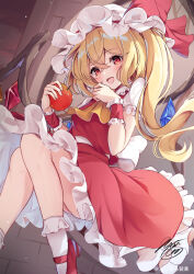 Rule 34 | 1girl, apple, ascot, ass, blonde hair, blush, collared shirt, crystal, flandre scarlet, food, frilled skirt, frilled sleeves, frills, fruit, hat, highres, holding, holding food, holding fruit, long hair, mob cap, niko kusa, one side up, open mouth, red eyes, red skirt, red vest, shirt, short sleeves, signature, skirt, smile, solo, touhou, vest, white hat, white shirt, wings, wrist cuffs, yellow ascot
