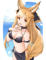 Rule 34 | 1girl, :d, animal ears, bad id, bad pixiv id, bikini, blonde hair, blue sky, braid, breasts, brown eyes, choker, cleavage, cloud, collarbone, commentary request, day, erune, french braid, frilled bikini, frills, granblue fantasy, hair ornament, hand on own chest, highres, horizon, jewelry, koretsuki azuma, long hair, looking at viewer, medium breasts, navel, ocean, open mouth, outdoors, pendant, sarong, sky, smile, solo, standing, swimsuit, teeth, very long hair, wristband, yuisis (granblue fantasy)