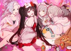 4girls absurdres alternate_costume babydoll bare_shoulders barefoot black_hair breasts commentary_request dal-gi eating firefly_(honkai:_star_rail) food food_in_mouth green_eyes grey_hair head_wings highres holding holding_food holding_pizza honkai:_star_rail honkai_(series) korean_commentary long_hair looking_at_another looking_at_viewer mask mask_on_head multiple_girls open_mouth origami_bird_(honkai:_star_rail) pink_sweater pizza pizza_box raccoon_hood red_babydoll red_eyes robin_(honkai:_star_rail) sleepover soda_bottle sparkle_(honkai:_star_rail) stelle_(honkai:_star_rail) sweater thighs towel towel_on_head trailblazer_(honkai:_star_rail) twintails wings yellow_eyes