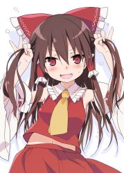 Rule 34 | 1girl, bare shoulders, blush, bow, brown hair, bunching hair, collared shirt, detached sleeves, hair between eyes, hair bow, hair tubes, hakurei reimu, hand on own head, long hair, long sleeves, looking at viewer, navel, open mouth, red bow, red eyes, red shirt, red skirt, shirt, simple background, skirt, smile, sweat, sweatdrop, tororo (toriaezu), touhou, twintails, upper body, white background, yellow neckwear