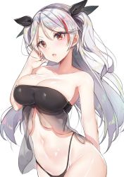 Rule 34 | &gt;:o, 1girl, :o, arm behind back, azur lane, bad id, bad pixiv id, bare arms, bare shoulders, bikini, black bikini, breasts, cleavage, collarbone, commentary request, female focus, hair ribbon, hand up, highleg, highleg bikini, highleg swimsuit, large breasts, long hair, looking at viewer, mole, mole on breast, multicolored hair, navel, neck, open mouth, prinz eugen (azur lane), red eyes, ribbon, silver hair, simple background, skindentation, solo, standing, strapless, strapless bikini, streaked hair, swimsuit, two side up, white background, yayoichi (yoruyoru108)
