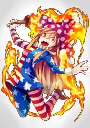 Rule 34 | 1girl, american flag dress, american flag legwear, aoi kujira, bad id, bad twitter id, blonde hair, clownpiece, dress, fire, full body, hat, jester cap, long hair, long sleeves, looking at viewer, neck ruff, open mouth, pantyhose, polka dot, red eyes, short dress, simple background, smile, solo, star (symbol), star print, striped, teeth, torch, touhou, touhou sangetsusei, very long hair