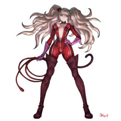 Rule 34 | 1girl, artist name, blonde hair, blue eyes, bodysuit, boots, breasts, cat tail, cosplay, crotch zipper, danganronpa: trigger happy havoc, danganronpa (series), earrings, enoshima junko, fake tail, gloves, high heels, highres, holding, holding weapon, holding whip, jewelry, latex, latex bodysuit, long hair, looking at viewer, medium breasts, navel, ozkh, persona, persona 5, pink gloves, red bodysuit, red footwear, simple background, skin tight, smile, solo, stomach, tail, takamaki anne, takamaki anne (cosplay), thigh boots, thighhighs, twintails, weapon, whip, white background, zipper