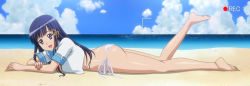 Rule 34 | 15 bishoujo hyouryuuki, 1girl, ass, beach, blue eyes, blue sky, breasts, feet, from side, gluteal fold, happy, leg lift, long hair, looking at viewer, lying, medium breasts, on stomach, panties, purple eyes, recording, screencap, sky, smile, stitched, the pose, third-party edit, underwear, water, white panties, yotsuya kotoko