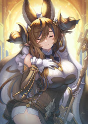 Rule 34 | 1girl, animal ears, bare shoulders, breasts, brown hair, closed eyes, detached sleeves, elbow gloves, extra ears, frilled sleeves, frills, galleon (granblue fantasy), gloves, granblue fantasy, hair between eyes, hair ornament, hand on own chest, highres, holding, holding staff, horns, large breasts, light particles, long hair, multicolored hair, pointy ears, smile, solo, staff, streaked hair, weapon, white gloves, yuiko (yuiyuiko 108)