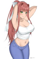 Rule 34 | 1girl, absurdres, armpits, arms behind head, arms up, blush, bow, breasts, brown hair, byeon dha, cleavage, commentary, denim, doki doki literature club, english commentary, green eyes, highres, jeans, large breasts, midriff, monika (doki doki literature club), navel, pants, ponytail, shirt, simple background, smile, solo, stomach, tank top, twitter username, white background, white bow, white shirt