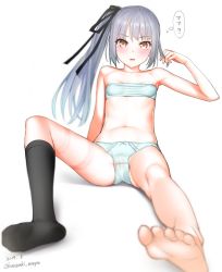 Rule 34 | 10s, 1girl, barefoot, black socks, blue panties, blurry, brown eyes, dated, depth of field, feet, flat chest, grey hair, kantai collection, kanzaki muyu, kasumi (kancolle), kneehighs, long hair, no shoes, open mouth, panties, shadow, side ponytail, simple background, single kneehigh, single sock, socks, soles, solo, toes, twitter username, underwear, white background