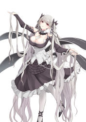 Rule 34 | 1girl, absurdly long hair, azur lane, bare shoulders, between breasts, black dress, black footwear, blush, breasts, cleavage, dress, earrings, flight deck, formidable (azur lane), frilled dress, frills, fuu (fuore), grey hair, hair ribbon, high heels, highres, holding, holding own hair, jewelry, large breasts, long hair, long sleeves, looking at viewer, pantyhose, red eyes, ribbon, rigging, simple background, solo, twintails, two-tone dress, two-tone ribbon, very long hair, white pantyhose