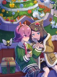 2girls absurdres bright_pupils christmas christmas_tree coat collared_shirt commentary cowlick creatures_(company) cup disposable_coffee_cup disposable_cup dot_(pokemon) floragato game_freak gen_4_pokemon gen_7_pokemon grass green_sweater hairband highres holding holding_hands hood hood_down hooded_coat liko_(pokemon) medium_hair multiple_girls necktie nekomura_saki nintendo pachirisu pleated_skirt pokemon pokemon_(anime) pokemon_(creature) pokemon_horizons purple_eyes purple_hair quaxwell ribombee shirt sitting skirt sweater white_pupils white_shirt