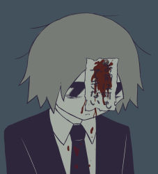 Rule 34 | 1boy, absurdres, aqua background, avogado6, bags under eyes, black eyes, black jacket, black necktie, bleeding, bleeding from forehead, blood, blood on clothes, blood on paper, collared shirt, commentary request, depressed, empty eyes, flat color, formal, grey hair, hand up, highres, jacket, looking down, male focus, muted color, nail, necktie, no pupils, original, paper, paper on head, parted lips, shirt, short hair, simple background, solo, suit, translated, upper body, white shirt