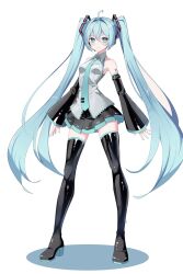 Rule 34 | 1girl, aqua eyes, aqua hair, blue eyes, blue hair, breasts, hashtag-only commentary, hatsune miku, high heels, highres, long hair, looking at viewer, medium breasts, necktie, procrastinator39, simple background, skirt, solo, thighhighs, twintails, vocaloid, vocaloid boxart pose, white background