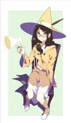 Rule 34 | 1girl, absurdres, alternate color, arm support, belt, boots, brown hair, chair, choker, closed mouth, fingernails, glasses, glint, green eyes, green nails, hat, high heel boots, high heels, highres, holding, hood, hood down, hooded robe, kamameshi gougoumaru, little witch academia, long sleeves, looking at viewer, magic, medium hair, megaphone, nail polish, robe, sitting, smile, solo, ursula callistis, white choker, witch, witch hat, yellow robe