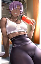 1girl basketball_hoop border breasts cameltoe commentary_request cup dark-skinned_female dark_elf dark_skin elf grin gym highres holding holding_cup indoors kobamiso_(kobalt) looking_at_viewer medium_breasts original outside_border pants pillar pointy_ears purple_hair short_hair smile solo sports_bra sweat teeth towel very_sweaty white_border white_sports_bra yoga_pants