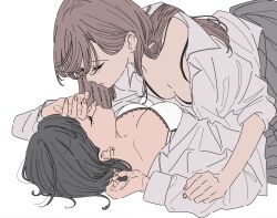Rule 34 | 2girls, black bra, black hair, bra, breasts, brown hair, cleavage, closed eyes, collared shirt, commentary request, dress shirt, grey skirt, hair behind ear, highres, imminent kiss, kamatama rom, large breasts, long hair, long sleeves, looking at another, medium breasts, mole, mole on breast, mole under eye, multiple girls, open clothes, open shirt, original, pleated skirt, school uniform, shirt, short hair, simple background, skirt, sleeves rolled up, underwear, white background, white bra, white shirt, yuri