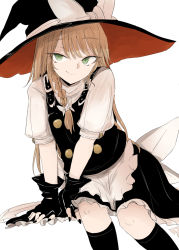 Rule 34 | 1girl, apron, arm support, black gloves, black socks, black nails, blonde hair, bow, braid, gloves, green eyes, hat, invisible chair, kirisame marisa, kneehighs, leaning to the side, long hair, looking at viewer, nail polish, necro (nekurodayo), short braid, side braid, sitting, smile, smirk, socks, solo, touhou, two-sided fabric, two-sided headwear, v arms, white background, white bow, witch hat