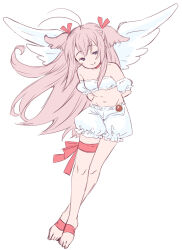 Rule 34 | 1girl, absurdres, angel wings, antenna hair, arms behind back, bare legs, bare shoulders, barefoot, bloomers, blue eyes, bra, collarbone, commentary, crossed ankles, detached sleeves, dot nose, english commentary, feet, full body, groin, hair ribbon, highres, leaning forward, leg ribbon, legs, long hair, mayoineko, navel, original, pink hair, puffy detached sleeves, puffy sleeves, red ribbon, ribbon, sidelocks, simple background, sketch, smile, solo, thigh ribbon, toes, two side up, underwear, underwear only, very long hair, white background, white bloomers, white bra, wings