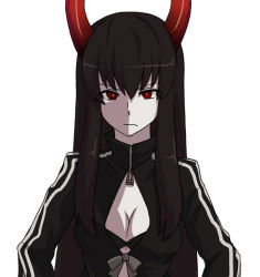 Rule 34 | 10s, 1girl, black gold saw, black hair, black rock shooter, breasts, cleavage, dai (touhou handdrawn), face, gazacy (dai), horns, long hair, long sleeves, red eyes, ringed eyes, solo, @ @, white background