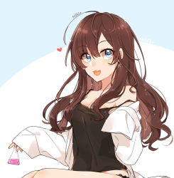 Rule 34 | 1girl, 88 (einnimnech), :3, :d, ahoge, black panties, black shirt, blue eyes, breasts, brown hair, camisole, character name, cleavage, coat, earrings, heart, holding, ichinose shiki, idolmaster, idolmaster cinderella girls, jewelry, lab coat, long hair, looking at viewer, medium breasts, no bra, off shoulder, open clothes, open coat, open mouth, panties, shirt, sleeves past fingers, sleeves past wrists, smile, solo, strap slip, test tube, underwear, wavy hair, white coat