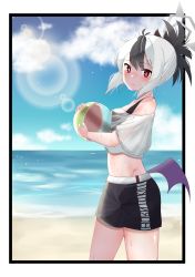 Rule 34 | 1girl, absurdres, ball, bare shoulders, beachball, bikini, bikini top only, bikini under clothes, black bikini, black hair, black shorts, blue archive, blue sky, blush, closed mouth, cloud, commentary request, day, hair between eyes, halo, highres, holding, holding ball, horizon, kayoko (blue archive), looking at viewer, looking to the side, low wings, multicolored hair, ocean, off-shoulder shirt, off shoulder, outdoors, purple wings, rachel114514, red eyes, see-through, shirt, short shorts, short sleeves, shorts, sky, smile, solo, swimsuit, two-tone hair, water, wet, wet clothes, wet shirt, white shirt, wings