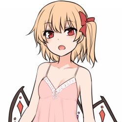 Rule 34 | 1girl, :o, bare arms, bare shoulders, blonde hair, bow, breasts, chemise, collarbone, commentary, flandre scarlet, hair bow, looking at viewer, medium hair, miyo (ranthath), open mouth, pink chemise, red bow, red eyes, side ponytail, simple background, small breasts, solo, touhou, white background, wings