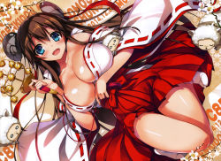 Rule 34 | 1girl, absurdres, blue eyes, blush, breasts, brown hair, cleavage, collarbone, flower, hakama, hakama skirt, highres, holding, horns, huge filesize, japanese clothes, large breasts, looking at viewer, lying, miko, on back, open mouth, red hakama, skirt, smile, solo, tomose shunsaku, wide sleeves