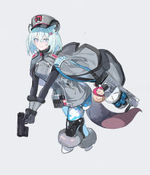 Rule 34 | 1girl, absurdres, ammunition pouch, animal ears, blue archive, boots, capelet, crossed bangs, echj, epaulettes, fur-trimmed boots, fur hat, fur trim, gloves, green eyes, grenade launcher, grey gloves, grey jacket, gun, hair ornament, hairclip, handgun, hat, highres, holding, holding gun, holding weapon, jacket, light green hair, multicolored eyes, pantyhose, pink eyes, pouch, revolver grenade launcher, rg-6, shigure (blue archive), stuffed toy, tail, ushanka, weapon, weasel ears, weasel tail