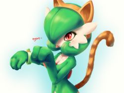 Rule 34 | 1girl, animal ears, blush, bracelet, breasts, brown hairband, cat ears, cat tail, collarbone, colored skin, creatures (company), fake animal ears, female focus, game freak, gardevoir, gen 3 pokemon, green hair, green skin, hair over one eye, hairband, hands up, happy, jewelry, junjie-oyan, light blush, mega pokemon, mega stone, multicolored skin, navel, nintendo, nyan, paw pose, pokemon, pokemon (creature), red eyes, romaji text, short hair, simple background, small breasts, smile, solo, standing, tail, tongue, tongue out, two-tone skin, upper body, white background, white skin