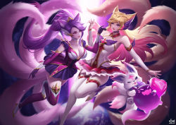 Rule 34 | 2girls, ahri (league of legends), alternate color, alternate costume, alternate eye color, alternate hairstyle, animal ears, bare shoulders, blonde hair, boots, breasts, choker, citemer, cleavage, detached sleeves, earth (planet), elbow gloves, familiar, fox ears, fox girl, fox tail, full body, gloves, hair ornament, heart, highres, large breasts, league of legends, lipstick, long hair, makeup, multicolored hair, multiple girls, nail polish, parted lips, pink hair, planet, ponytail, purple eyes, purple hair, red eyes, skirt, sky, star guardian (league of legends), star guardian ahri, swept bangs, tail, thigh boots, thighhighs, two-tone hair, very long hair, zettai ryouiki