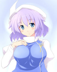 Rule 34 | 1girl, batsu, blue eyes, blush, breasts, female focus, gradient background, hand on breast, hat, large breasts, letty whiterock, light purple hair, short hair, solo, touhou