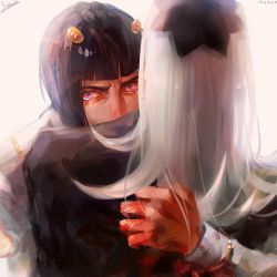 Rule 34 | 2boys, black hair, blood, blood on hands, bloodshot eyes, blunt bangs, braid, bruno bucciarati, constricted pupils, covered mouth, flipped hair, from behind, furrowed brow, hair ornament, hat, highres, hug, jojo no kimyou na bouken, leone abbacchio, long hair, long sleeves, male focus, multiple boys, purple eyes, saicci, short hair, thick eyebrows, vento aureo, white background, white hair, wide-eyed, yaoi, zipper pull tab