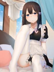 Rule 34 | 1girl, absurdres, apron, bed, black dress, blue eyes, blue sky, blurry, blurry background, bow, breasts, brown hair, cloud, commentary request, curtains, day, depth of field, dress, frilled apron, frilled dress, frills, hair between eyes, highres, hoshimiya aki, indoors, knee up, long hair, looking at viewer, maid, no shoes, on bed, original, pillow, puffy short sleeves, puffy sleeves, purple bow, short sleeves, sitting, sky, small breasts, solo, thighhighs, waist apron, white apron, white thighhighs, window