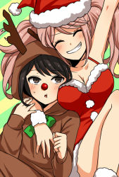 Rule 34 | :o, alternate costume, animal costume, antlers, arm up, black hair, blush, bow, breast press, breasts, cheek press, christmas, closed eyes, collarbone, commentary request, danganronpa: trigger happy havoc, danganronpa (series), dress, enoshima junko, freckles, fur-trimmed headwear, fur trim, green background, green bow, grin, hands up, hat, hood, hood up, horns, ikusaba mukuro, incest, large breasts, long hair, long sleeves, looking at viewer, multiple girls, nico (nico alice), open mouth, red dress, reindeer antlers, reindeer costume, santa costume, santa hat, short hair, siblings, sisters, smile, striped, striped background, twincest, twins, twintails, two-tone background, yellow background, yuri