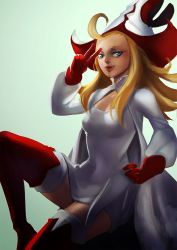 Rule 34 | 1girl, 3four, ahoge, blonde hair, blue eyes, boots, bravely default: flying fairy, bravely default (series), breasts, cape, dress, edea lee, gloves, hand on own hip, hat, lips, long hair, nose, red gloves, solo, thigh boots, thighhighs, v, white dress, white mage (final fantasy), white thighhighs