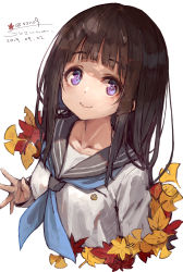 Rule 34 | + +, 1girl, autumn leaves, black hair, blue neckerchief, chitanda eru, closed mouth, collarbone, commentary request, cropped torso, dated, grey sailor collar, highres, hyouka, kamiyama high school uniform (hyouka), leaf, long hair, long sleeves, looking at viewer, maple leaf, neckerchief, purple eyes, sailor collar, school uniform, serafuku, shirt, signature, simple background, sleeves past wrists, smile, solo, suzuno (bookshelf), twitter username, white background, white shirt