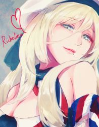 Rule 34 | 1girl, bare shoulders, beret, blonde hair, blue eyes, blush, breasts, character name, dress, hair between eyes, hair over shoulder, hat, head tilt, heart, kantai collection, kuchinashi (rapido), long hair, looking at viewer, mole, mole under eye, mole under mouth, multicolored clothes, multicolored dress, multicolored scarf, pom pom (clothes), portrait, richelieu (kancolle), scarf, sidelocks, smile, solo, strapless, strapless dress, twitter username