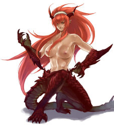 Rule 34 | 1girl, breasts, claws, dragon girl, green eyes, horns, large breasts, long hair, looking at viewer, monster girl, nipples, original, pointy ears, red hair, simple background, smile, solo, tail, very long hair, wakky, white background