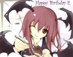 Rule 34 | 1girl, :q, ;q, bad id, bad pixiv id, bat wings, cake, embodiment of scarlet devil, feeding, female focus, food, food on face, fork, happy birthday, head wings, incoming food, koakuma, kuroneko (fragrant olive), long hair, necktie, one eye closed, pov feeding, red eyes, red hair, solo, tongue, tongue out, touhou, wings, wink