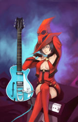 Rule 34 | 1girl, amplifier, arc system works, bad deviantart id, bad id, bare shoulders, black hair, blue eyes, boots, breasts, cleavage, electric guitar, fingerless gloves, gloves, guilty gear, guitar, hat, highres, i-no, instrument, large breasts, leather, mole, o-ring, o-ring top, red hat, red thighhighs, short hair, solo, tetsu (aurvandil), thigh boots, thighhighs, witch hat