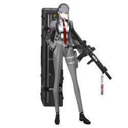Rule 34 | 1girl, assault rifle, belt, belt pouch, black footwear, black gloves, black survival, breasts, chest strap, closed mouth, collared shirt, colored skin, eternal return: black survival, full body, gloves, grey hair, grey jacket, grey pants, gun, hand in pants, hand in pocket, haze (black survival), headset, highres, hime cut, holding, holding weapon, jacket, long hair, long sleeves, medium breasts, multishot rocket launcher, necktie, official art, pants, pouch, red necktie, rifle, rocket launcher, shirt, shoes, simple background, solo, standing, strap, taut clothes, taut shirt, uniform, utility belt, weapon, white background, white shirt, white skin
