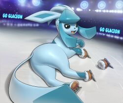 Rule 34 | animal ears, animal hands, animal nose, ass, ass focus, black eyes, blue fur, creatures (company), crowd, curvy, eyelashes, fang, fence, furry, furry female, game freak, gen 4 pokemon, glaceon, highres, ice, ice rink, ice skates, ice skating, inkune, large ears, long pointy ears, looking at viewer, lying, nervous smile, nervous sweating, nintendo, on side, open mouth, pointy ears, pokemon, pokemon (creature), rain, sidelocks, skates, skating, skating rink, sky, smile, stone walkway, sweat, sweatdrop, text background, two-tone fur