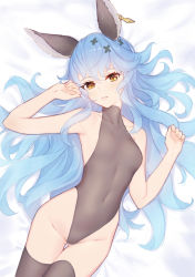 Rule 34 | 1girl, animal ears, black thighhighs, blue hair, blush, breasts, collarbone, covered navel, earrings, erune, ferry (granblue fantasy), gluteal fold, granblue fantasy, hair between eyes, hair ornament, highres, jewelry, lips, long hair, looking at viewer, lying, on back, parted lips, rabbit ears, revision, single earring, small breasts, solo, thigh gap, thighhighs, wavy hair, x hair ornament, yellow eyes, yellowpaint.