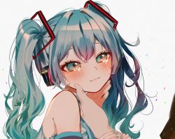 Rule 34 | 1girl, 1other, aqua hair, aqua nails, bare shoulders, closed mouth, commentary request, hair ornament, hand on another&#039;s chin, hatsune miku, highres, holding another&#039;s arm, long hair, nail polish, out of frame, shirt, simple background, sleeveless, sleeveless shirt, smile, solo focus, tearing up, twintails, vocaloid, vptku, white background