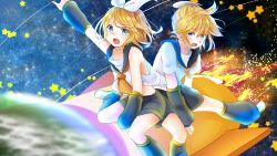 Rule 34 | 1boy, 1girl, arm up, between legs, black legwear, black sailor collar, black shorts, black sleeves, blonde hair, blue eyes, boots, bow, brother and sister, detached sleeves, fang, floating hair, hair between eyes, hair bow, hairband, hand between legs, highres, kagamine len, kagamine rin, leg warmers, midriff, multiple riders, necktie, open mouth, orange neckwear, outstretched arm, ponta (poqpon), riding, sailor collar, shirt, short hair, short shorts, short sleeves, shorts, siblings, sidelocks, sky, sleeveless, sleeveless shirt, star (sky), starry sky, stomach, vocaloid, white bow, white footwear, white hairband, white shirt